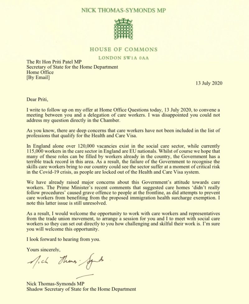 Letter to the Home Secretary