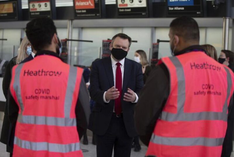 Nick Thomas-Symonds MP speaks with staff at Heathrow